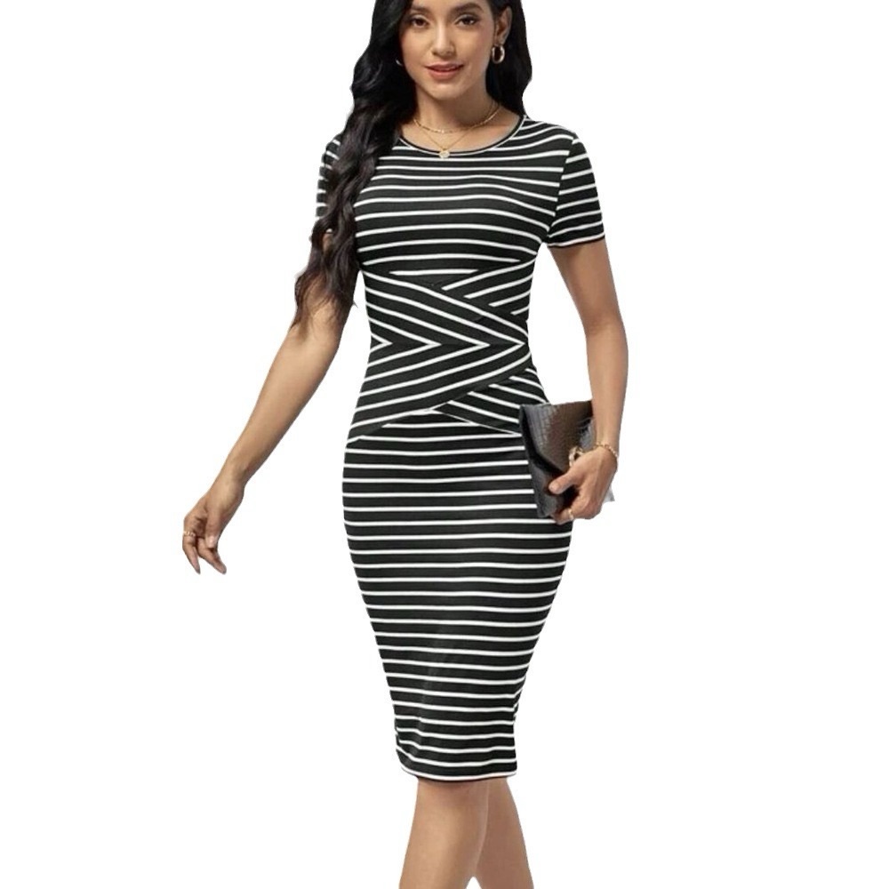 Sheath Black And White Striped Dress Size Large